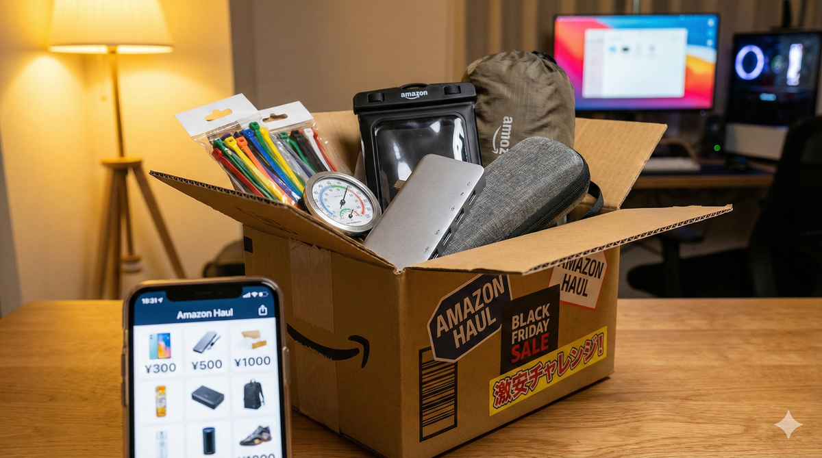 Amazon Haulで届いたダンボール箱と格安ガジェット類のイメージ写真